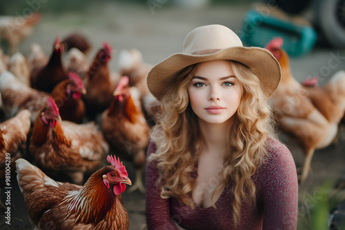 portrait of blond woman farmer outside in the company of group of chicken; concept of hen farm, farming, ecology, free running animals; copy space photo