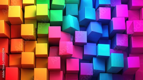 Colorful three-dimensional cubes with prominent edges, arranged in a dynamic geometric pattern that adds depth and perspective