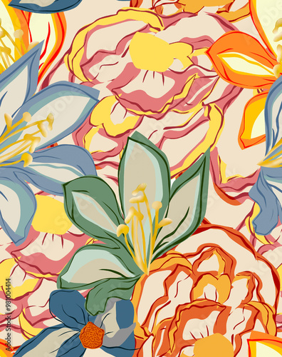 Vintage floral background. Floral pattern with small colorful flowers on a dark blue background.