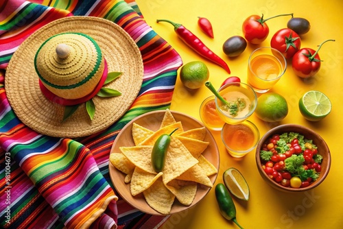 Wallpaper Mural Vibrant fiesta essentials on sunny yellow backdrop: sombrero, colorful poncho, maracas, tequila shots, lime, chili pepper, nacho chips, and sauce, evoking lively Cinco de Mayo spirit. Torontodigital.ca