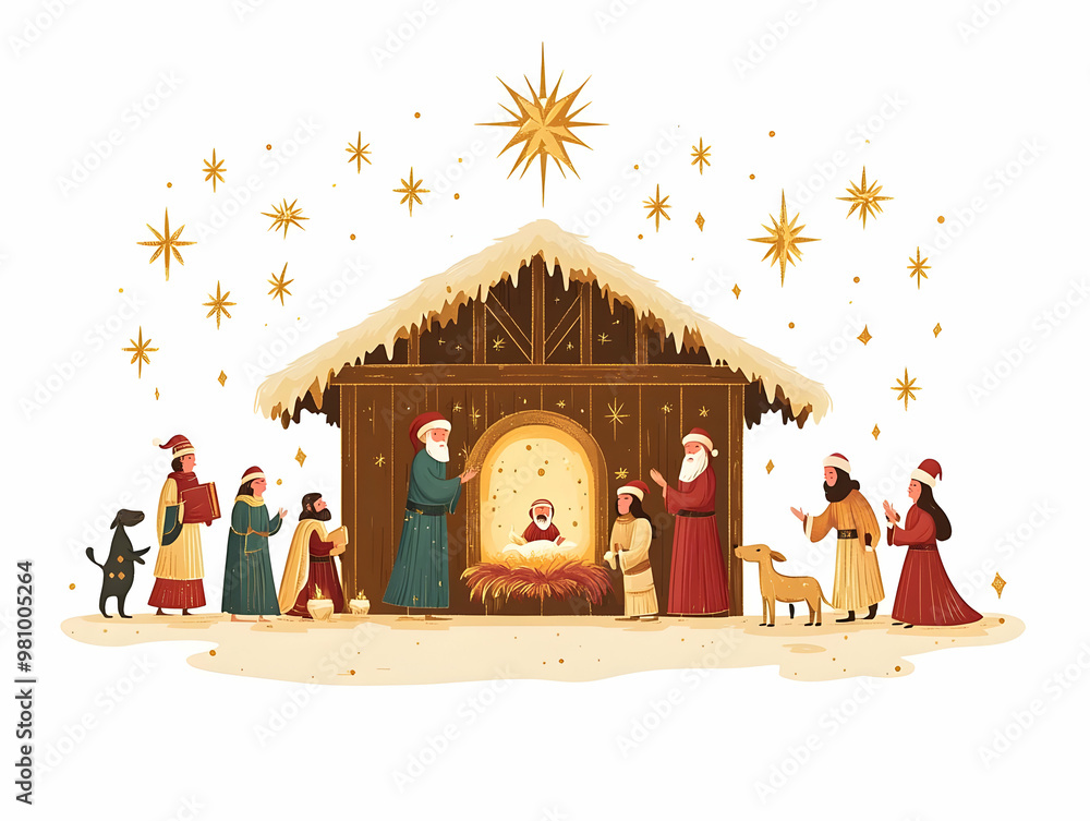 Naklejka premium Flat Santas Floating Christmas Nativity Scene Vector Illustration: Showcase Intricate Details in Mid Air Defying Gravity Against a White Background