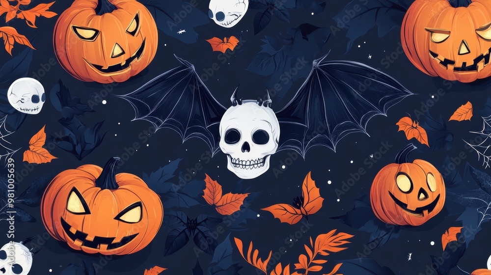 Halloween Themed Illustration with Pumpkins and Skulls Halloween Themed Illustration with Pumpkins and Skulls