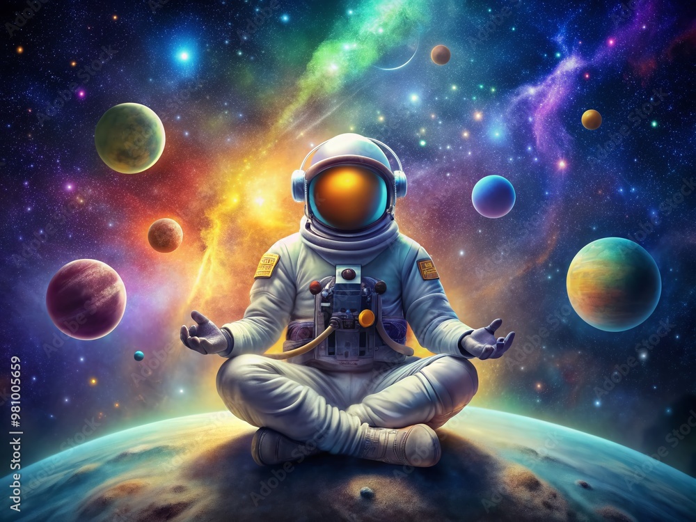 Naklejka premium Serene cartoon astronaut meditates in lotus position amidst vibrant, starry galaxy background, surrounded by floating planets and colorful nebulas, exuding cosmic tranquility.
