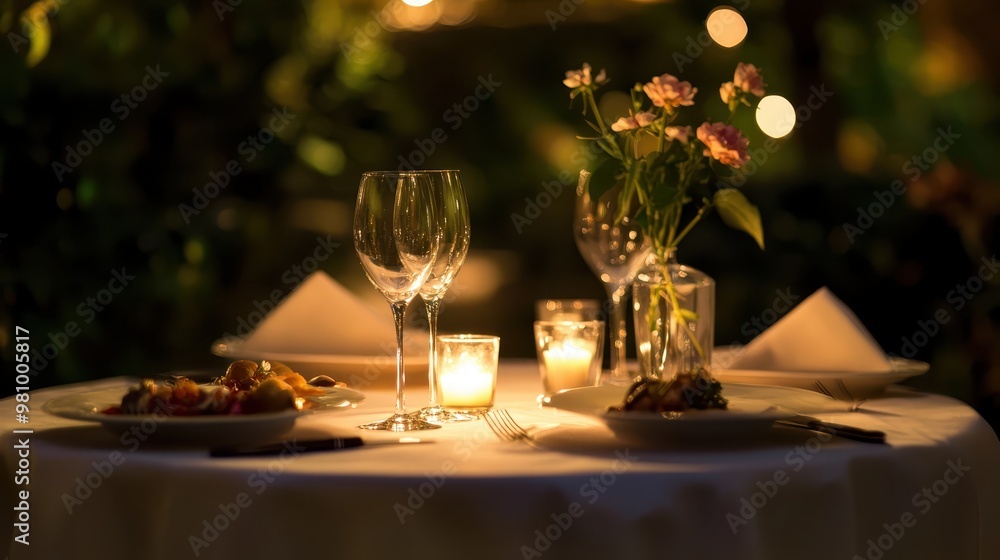 Romantic Dinner Table with Candlelight, Fine China, and Gourmet Dishes Romantic Dinner Table with Candlelight, Fine China, and Gourmet Dishes