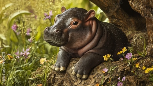 Adorable Baby Pygmy Hippopotamus Nuzzling Tree Root in Serene Wildflower Setting with Soft Light