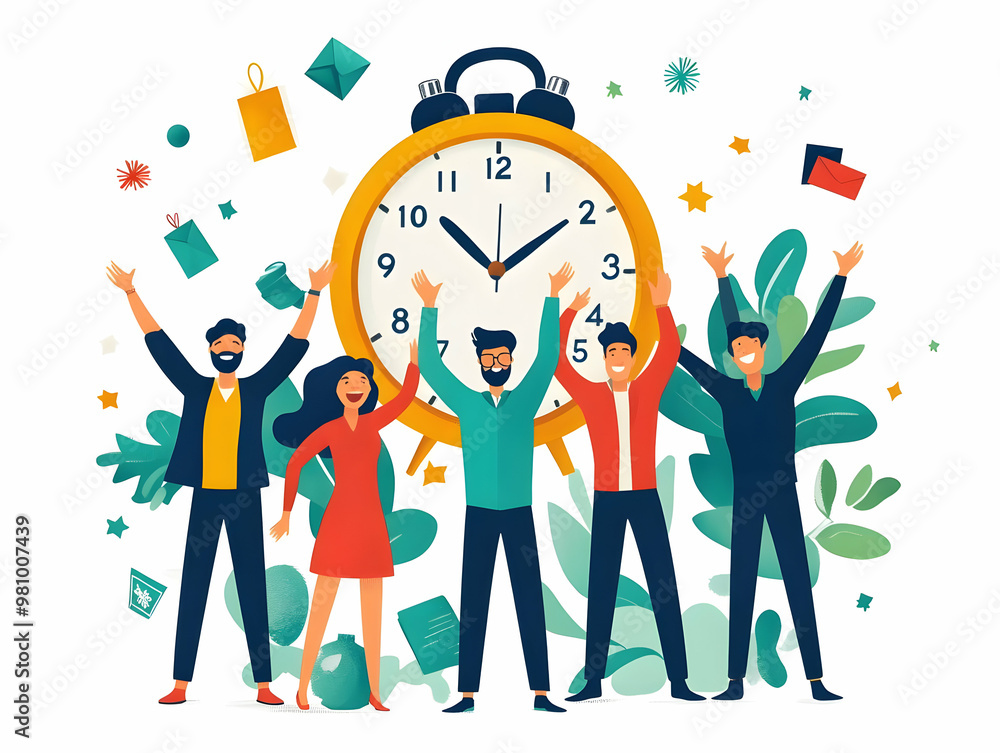 Flat Candid New Year Eve Countdown Illustration: Friends Celebrating Midnight with Festive Decorations & Party Hats in a Smart Business Style Flat Candid New Year Eve Countdown Illustration: Friends Celebrating Midnight with Festive Decorations & Party Hats in a Smart Business Style