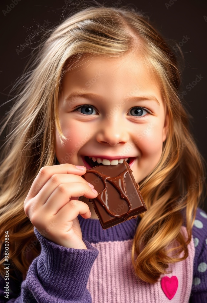 A little girl is holding a chocolate bar
A little girl is holding a chocolate bar