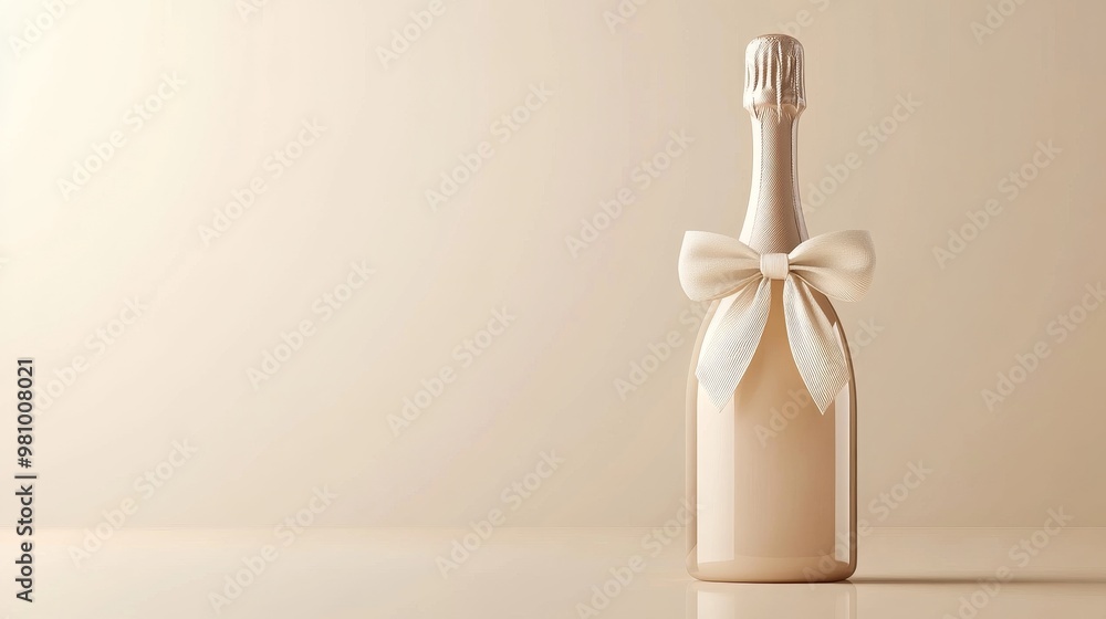 Elegant champagne bottle with cream bow on Elegant champagne bottle with cream bow on