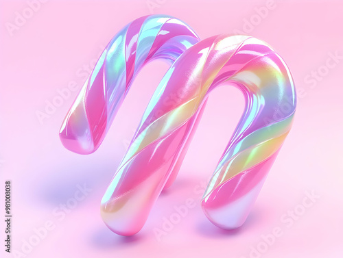 Flat Holographic Candy Canes Rotating on Bright Festive Background - Glossy Texture Vector Illustration for Holiday Themes