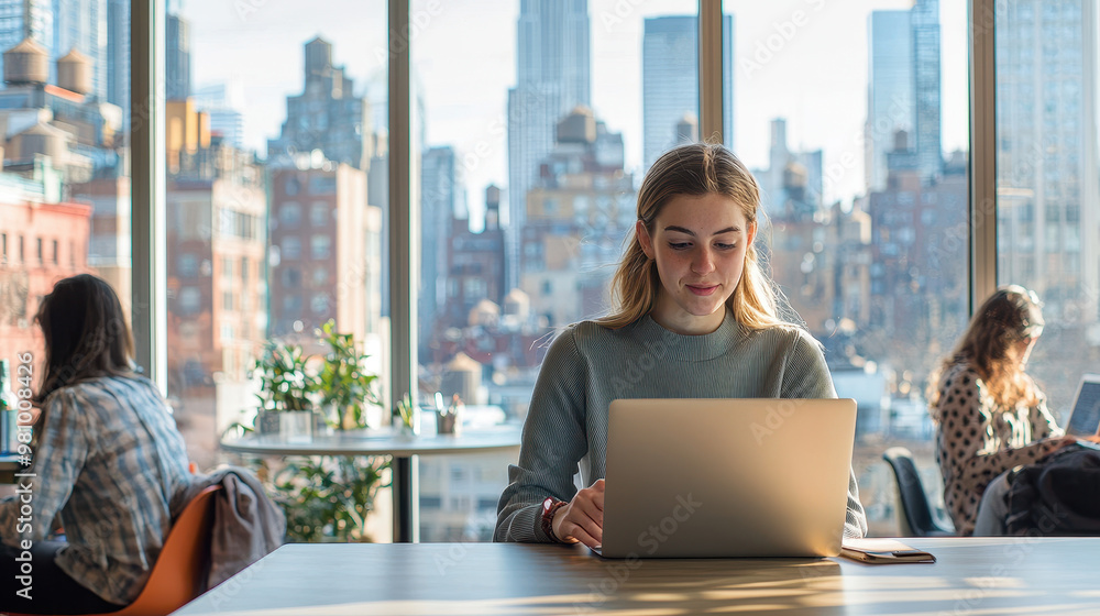 Young woman working on a laptop in a bright, modern coworking space with a city skyline view, focused on her task Young woman working on a laptop in a bright, modern coworking space with a city skyline view, focused on her task