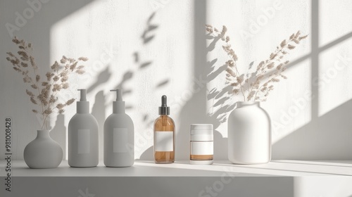 Organic skincare bottles, sleek white tabletop, 3D illustration