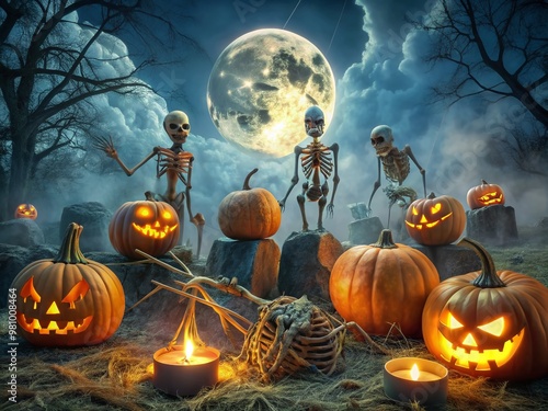 Spooky jack-o'-lanterns surround skeletons enjoying a festive graveyard party, complete with cobwebs, spider rings, and photo