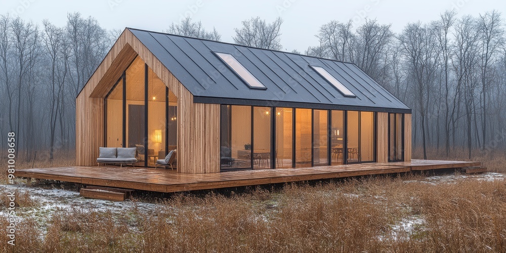 Beautiful modern cabin with large glass windows amidst a foggy forest landscape, featuring a cozy wooden deck and minimalistic design elements Beautiful modern cabin with large glass windows amidst a foggy forest landscape, featuring a cozy wooden deck and minimalistic design elements