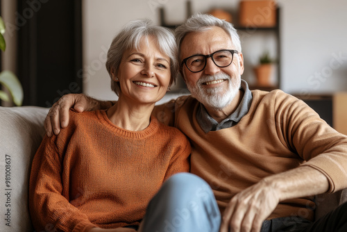 Portrait of attractive aged retired couple hugging resting together at home sit on sofa laughing looking at camera, enjoy their relationships lifelong marriage and carefree life on retirement