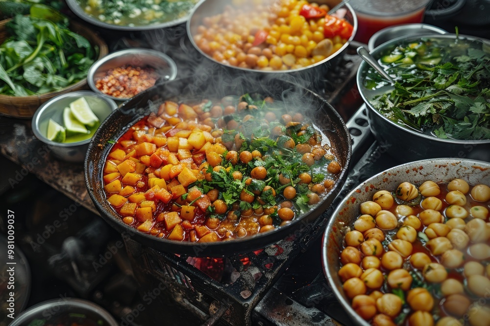 Vibrant Street Food Market: Fresh Produce and Spicy Stew Cooking in Large Metal Pots Vibrant Street Food Market: Fresh Produce and Spicy Stew Cooking in Large Metal Pots