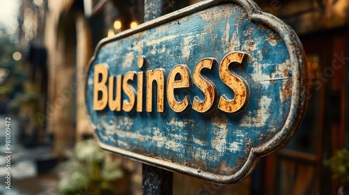 A rugged and weathered blue sign with the word Business in bold letters stands prominently against an out-of-focus backdrop of an urban street scene photo