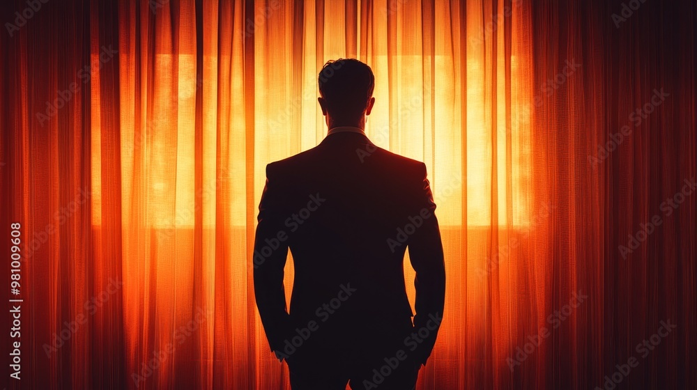 A man in a suit stands in front of a curtain, looking out the window A man in a suit stands in front of a curtain, looking out the window