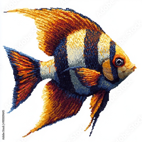 Vibrant CrossStitch Design of a Striking Angelfish with Bold Orange and Blue Stripes photo