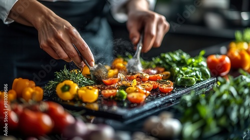 Chef arranging gourmet dish of roasted vegetables with rosemary