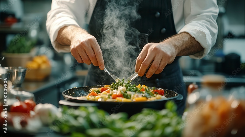 Chef adding fresh herbs to steaming pan of vegetables Chef adding fresh herbs to steaming pan of vegetables