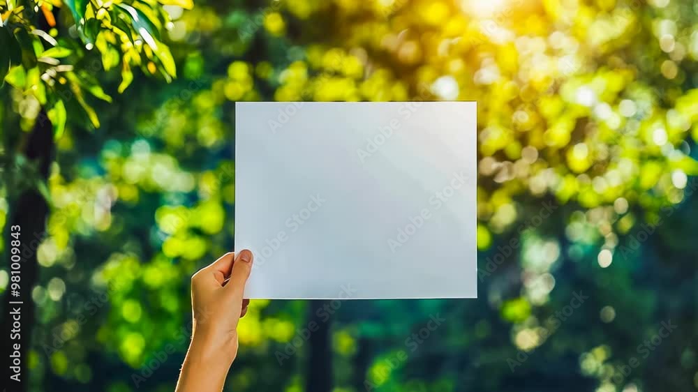 A hand holds a blank white paper against a sunlit forest backdrop. The scene is bright and serene, with lush green foliage. The morning sun filters through, evoking freshness and tranquility. A hand holds a blank white paper against a sunlit forest backdrop. The scene is bright and serene, with lush green foliage. The morning sun filters through, evoking freshness and tranquility.