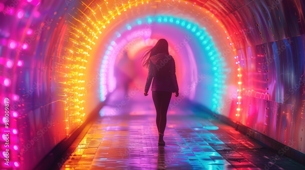 A woman walks through a colorful, neon-lit tunnel. A woman walks through a colorful, neon-lit tunnel.