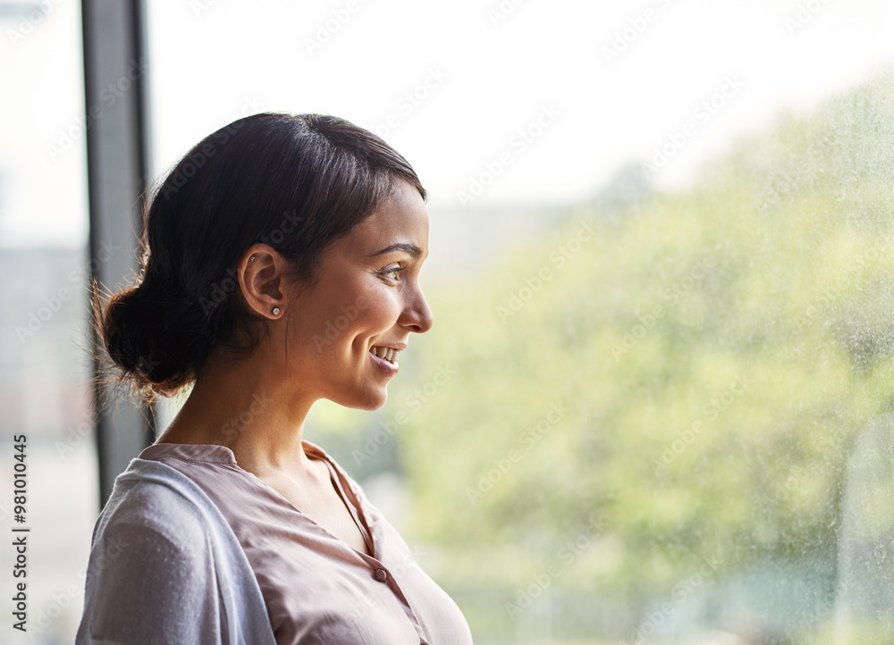 Thinking, smile and window with woman in classroom for education, future and curriculum development. Idea, vision and memory with teacher at school for reflection on learning, planning and pride Thinking, smile and window with woman in classroom for education, future and curriculum development. Idea, vision and memory with teacher at school for reflection on learning, planning and pride
