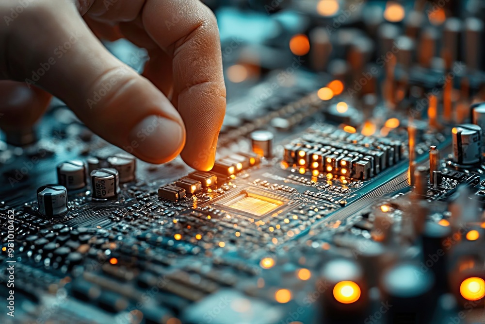 Close-up of hand working on illuminated circuit board Close-up of hand working on illuminated circuit board