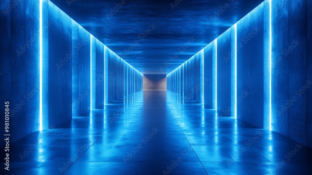 A long blue hallway with blue lights on the ceiling A long blue hallway with blue lights on the ceiling