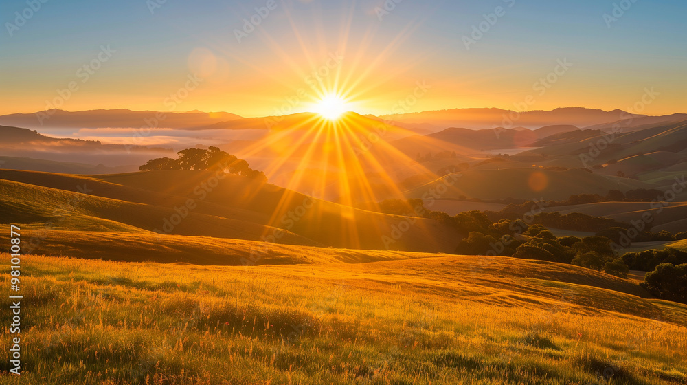 Golden sunset over rolling hills with misty layers and vibrant countryside landscape Golden sunset over rolling hills with misty layers and vibrant countryside landscape