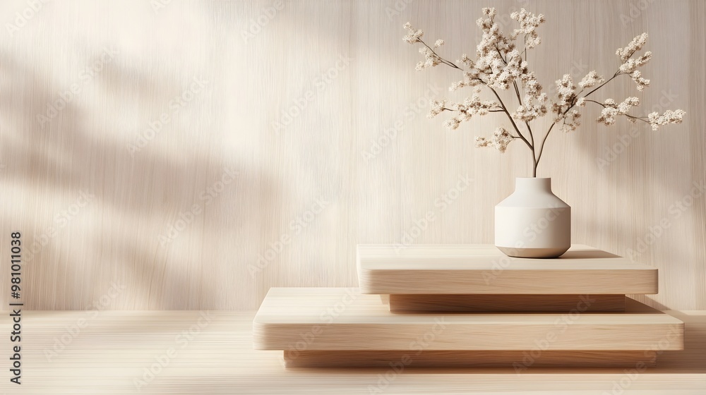 Minimalist Stepped Platform in Serene Negative Space with Sleek Geometric Forms and Natural Wooden Textures Minimalist Stepped Platform in Serene Negative Space with Sleek Geometric Forms and Natural Wooden Textures