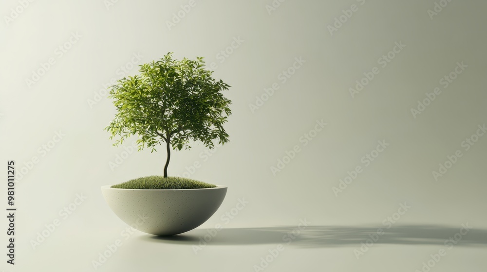 Floating minimalist tree sprout, soft shadows, sleek design, 3D illustration Floating minimalist tree sprout, soft shadows, sleek design, 3D illustration