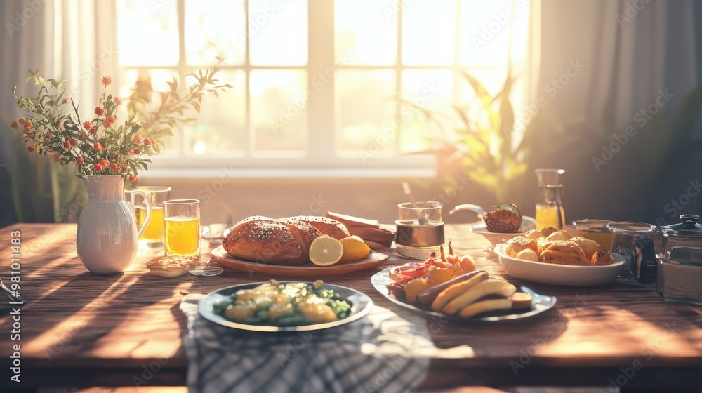 Breakfast spread on wooden table, sunny morning light, 3D illustration Breakfast spread on wooden table, sunny morning light, 3D illustration