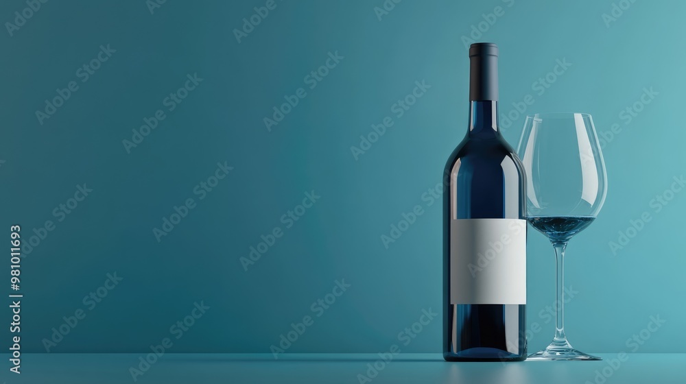 Floating blue wine bottle and glass against a blue backdrop Minimalistic concept with a creative touch Monochrome style 3D rendering Floating blue wine bottle and glass against a blue backdrop Minimalistic concept with a creative touch Monochrome style 3D rendering