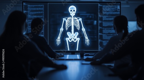 A group observes an x-ray image of a human skeleton displayed on a screen in a darkened room, highlighting education and medical technology.