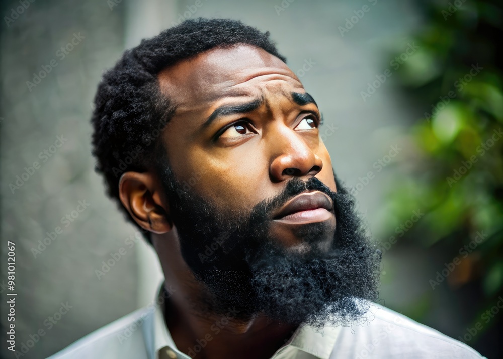 A dignified African American man, his bushy beard a testament to his wisdom, gazes out in wonder, his expression a mix of confusion and curiosity. A dignified African American man, his bushy beard a testament to his wisdom, gazes out in wonder, his expression a mix of confusion and curiosity.