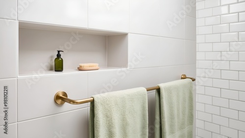 Minimalist bathroom interior with a clean and modern design. The layout features a white tiled wall with a built-in recessed shelf