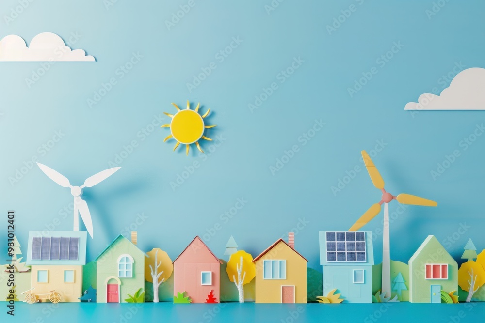 Eco friendly houses in a colorful landscape with wind turbines and sunny sky, showcasing sustainable energy and nature for a vibrant future Brightly colored elements on a blue background Eco friendly houses in a colorful landscape with wind turbines and sunny sky, showcasing sustainable energy and nature for a vibrant future Brightly colored elements on a blue background