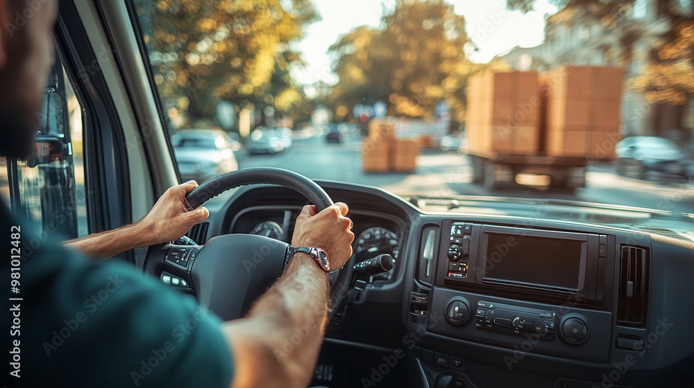 Delivery driver holding steering wheel and driving in the city Delivery driver holding steering wheel and driving in the city