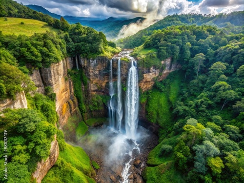 Aerial view of a towering waterfall, cascading down a sheer rock face, surrounded by lush greenery and misty veils.