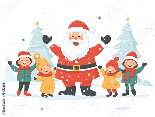 Flat Vector Illustration of Santa Playing Joyfully in the Snow with Happy Children - Lively Winter Scene Capturing Fun and Laughter