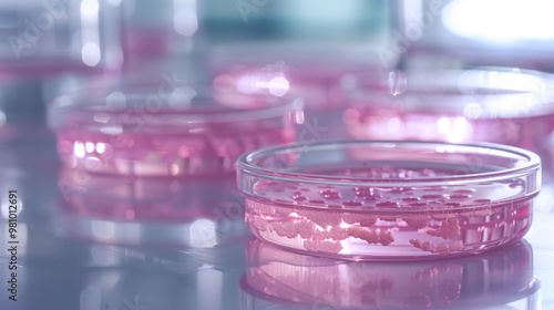 Petri dishes with pink and blue cultures in a laboratory for scientific research