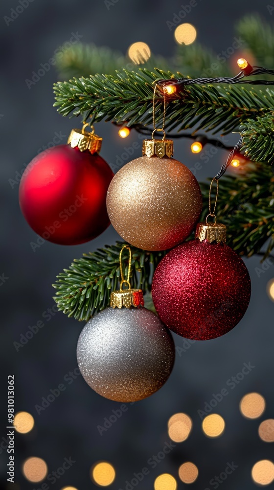 Golden and red Christmas baubles hanging from elegant pine branches, surrounded by twinkling lights and a dreamy, festive ambiance. Golden and red Christmas baubles hanging from elegant pine branches, surrounded by twinkling lights and a dreamy, festive ambiance.