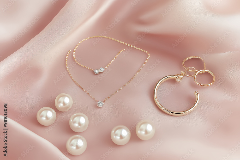 a delicate display of elegant pearl jewelry rests gracefully on a smooth royal pink colored fabric