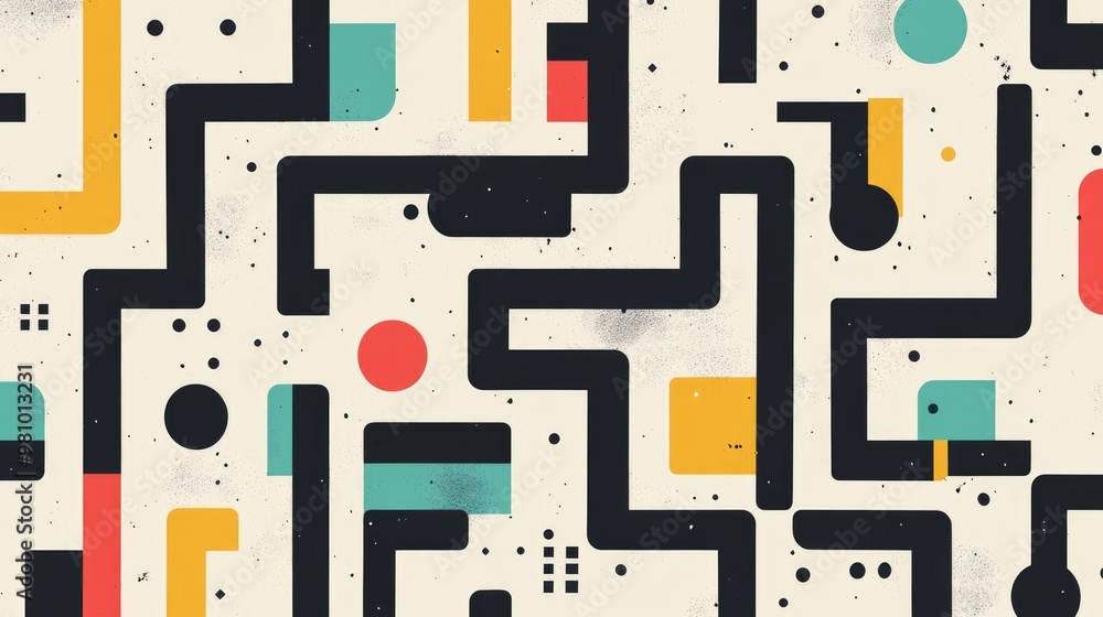Abstract colorful labyrinth design featuring black elements on a white background Engaging game concept for kids enhanced by an attractive mosaic border Simple flat illustration style Abstract colorful labyrinth design featuring black elements on a white background Engaging game concept for kids enhanced by an attractive mosaic border Simple flat illustration style