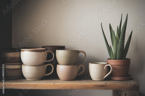 Wallpaper Mural a collection of ceramic coffee mugs in various shapes and sizes on a wooden shelf Torontodigital.ca
