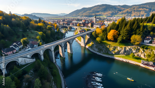 Viaduct located in swabian town of Nagold with cars driving on it, orbital drone footage isolated with white highlights, png photo