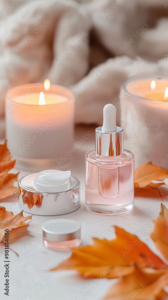 An autumn skincare regimen with oils and creams showcased in a cozy indoor setting, with candles, leaves, and soft light evoking warmth and protection. An autumn skincare regimen with oils and creams showcased in a cozy indoor setting, with candles, leaves, and soft light evoking warmth and protection.