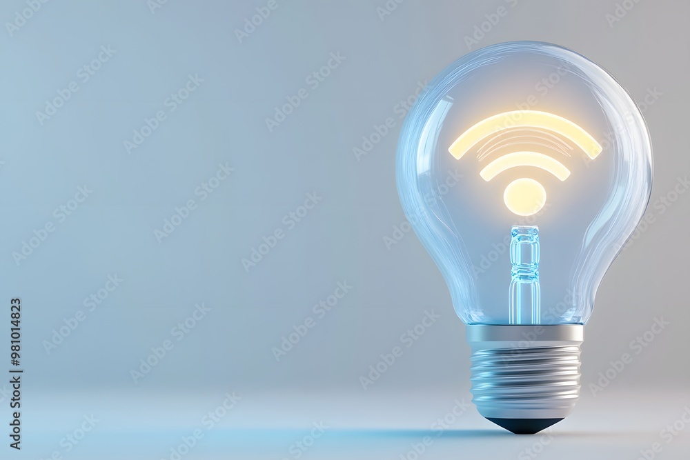 3D illustration of a light bulb with a calm blue glow and a radiant Wi-Fi symbol inside, isolated on a white background 3D illustration of a light bulb with a calm blue glow and a radiant Wi-Fi symbol inside, isolated on a white background