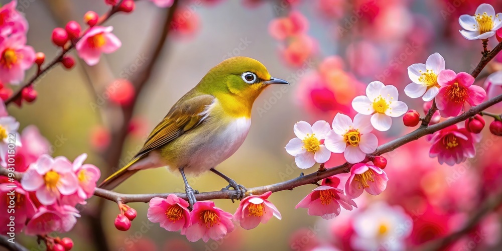 Red plum blossoms and a Japanese white-eye bird, plum blossoms, red, flowers, nature, Japanese white-eye, bird, wildlife Red plum blossoms and a Japanese white-eye bird, plum blossoms, red, flowers, nature, Japanese white-eye, bird, wildlife